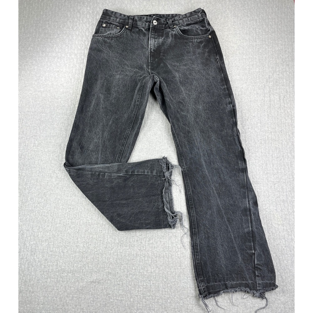 Zara Bootcut Jeans Men 34/32x30.5 Black Distressed‎ Raw Hem Straight Leg